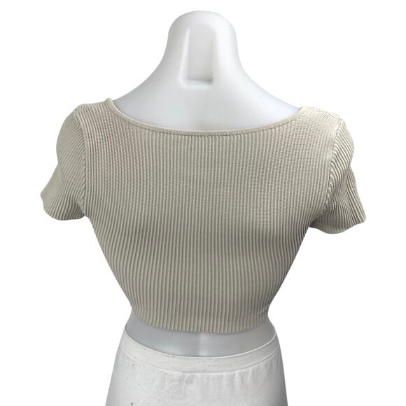 Aritzia Babaton Gray Short Sleeve Ribbed Knit Sculpt Square Neck Crop Top Sz XS - Picture 2 of 4